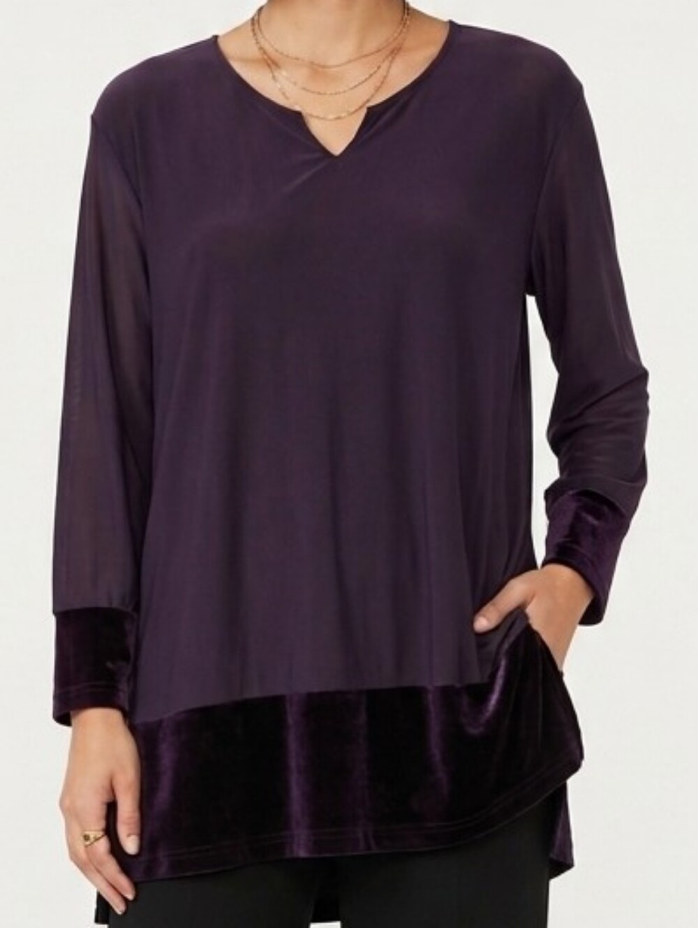 Susan Graver Purple Long Sleeve Velvet-Trim Tunic Large